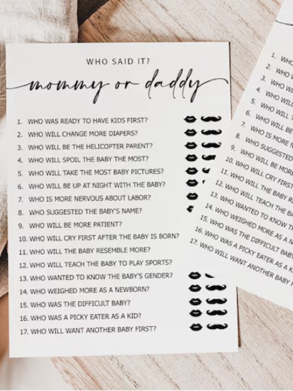 Mommy or Daddy Game Cards For Baby Shower